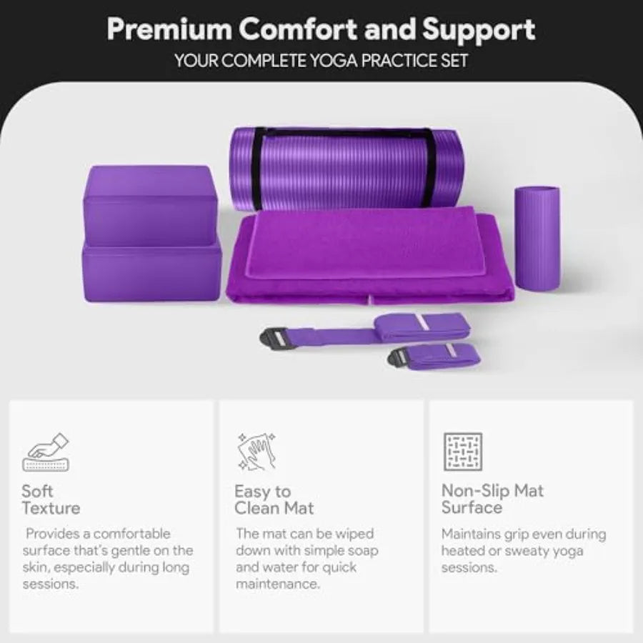 7-Piece Yoga Set with 71x24x1 Inches Extra Thick Mat/and Carrying Sling Includes 2 Blocks, Stretch Strap 2 Towels and Knee Pads