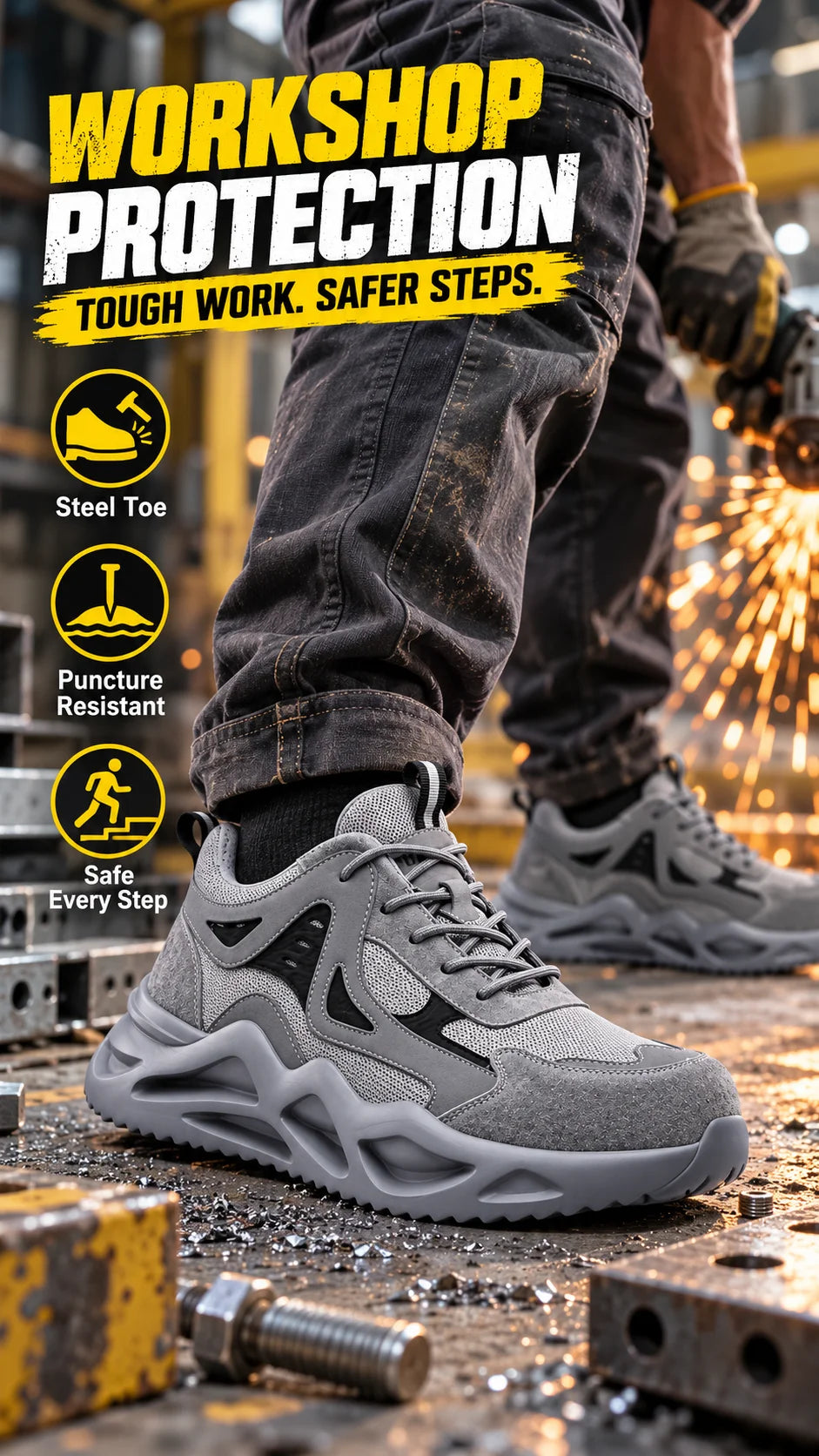 Puncture-Resistant Impact-Resistant Work Shoes Men's Steel Toe/Safety Work Boots Breathable Slip-Resistant Oil-Resistant