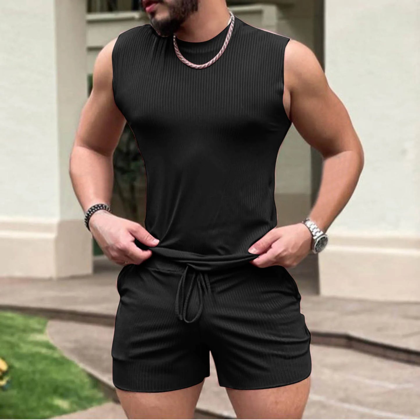 Men Tank Top Shorts Set Solid Black/Sleeveless Shirts Gym Bottoms Male Tracksuit