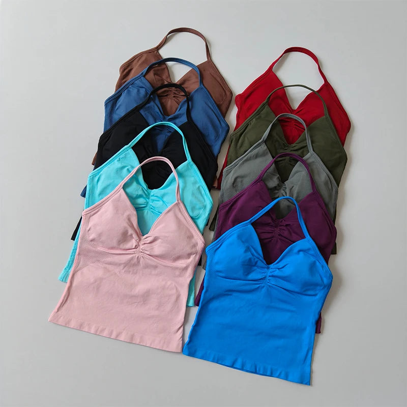 Longline Strappy Seamless Yoga Tank Top Backless/Gym Vest with Built-in Bra Sleeveless Workout Top