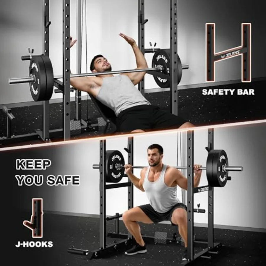 Home gym power cage with steel construction black finish 2000LBS capacity/and adjustable cable crossover system for versatile