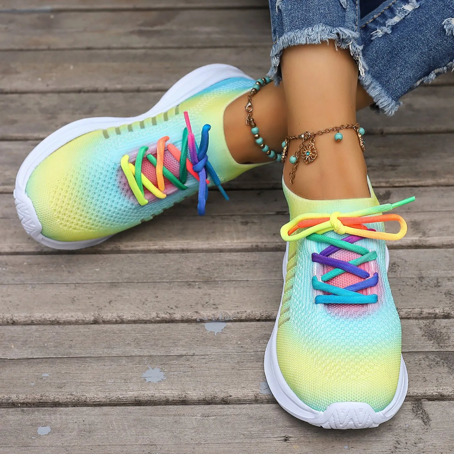 Casual Knitting Socks Shoes Ladies Bright Color Mesh/Sports Front Lace Up New Lightweight Running Sneaker For Women