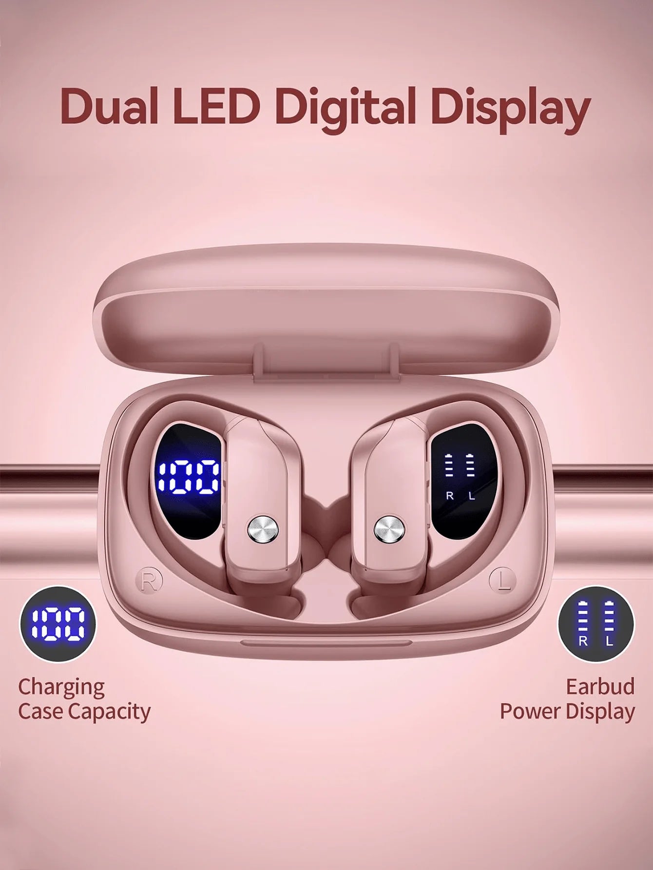 T16 Bluetooth 5.0 Ear-Hook Sports Earphones, IPX5 Waterproof ABS Earbuds/Wireless Charging Case, Dual LED Display, 48H Playtime