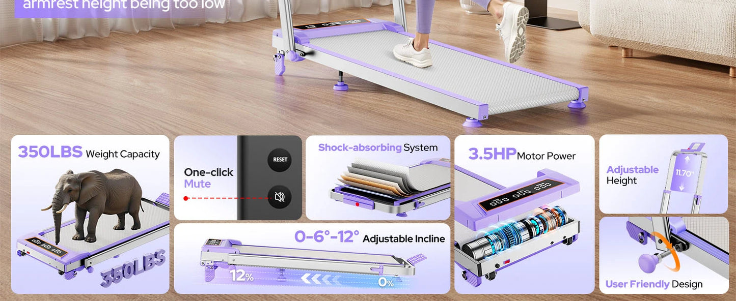 Walking Pad Treadmill with 15% Incline/Adjustable Height,3.5HP Walking Pad/with Handle Bar Foldable Under Desk Treadmill 350LBS
