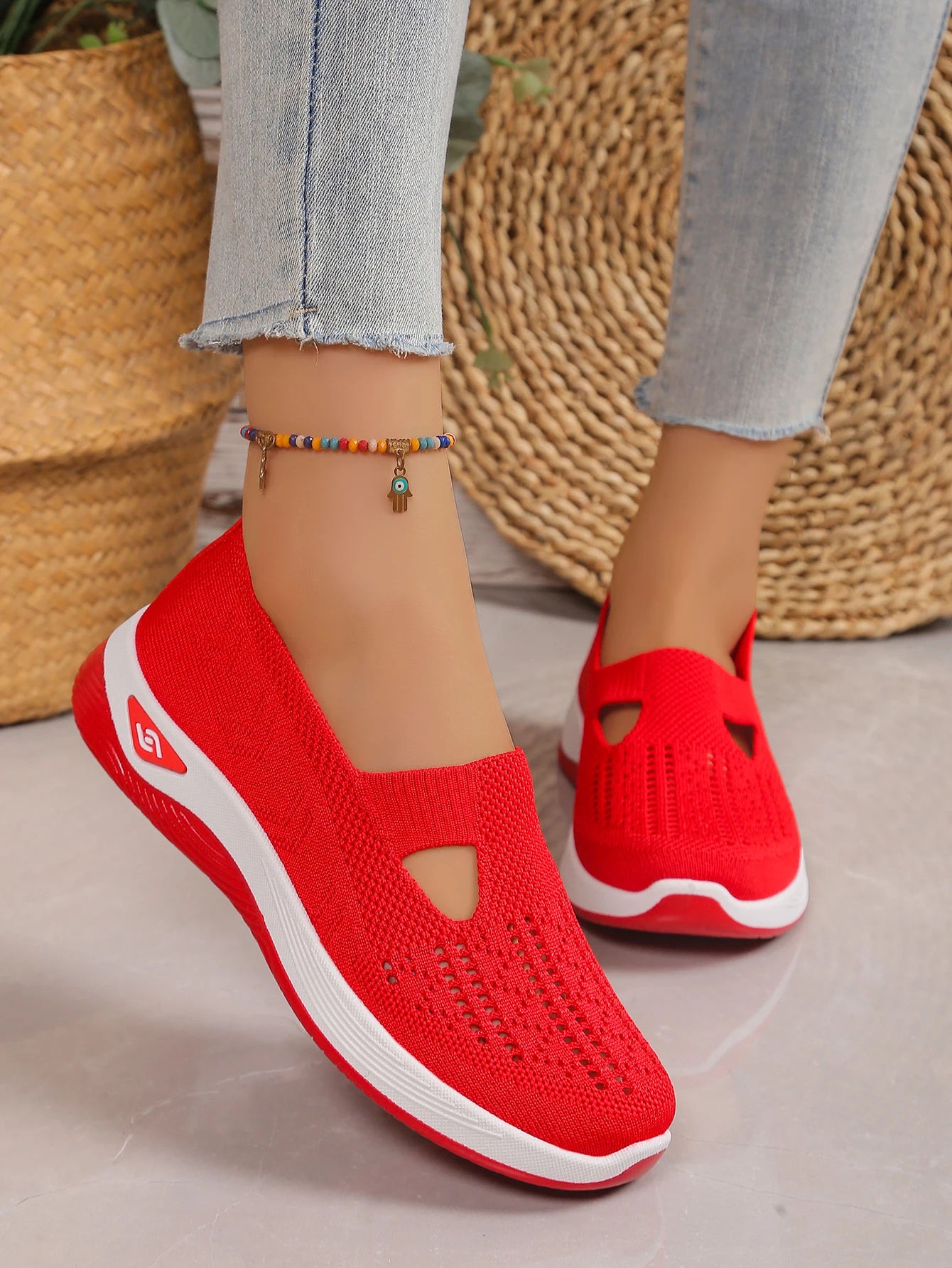 Women's shoes Solid Color Breathable Sneakers casual sneaker/women's summer sneakers Low-top Knitted Casual Shoes Mom Shoes