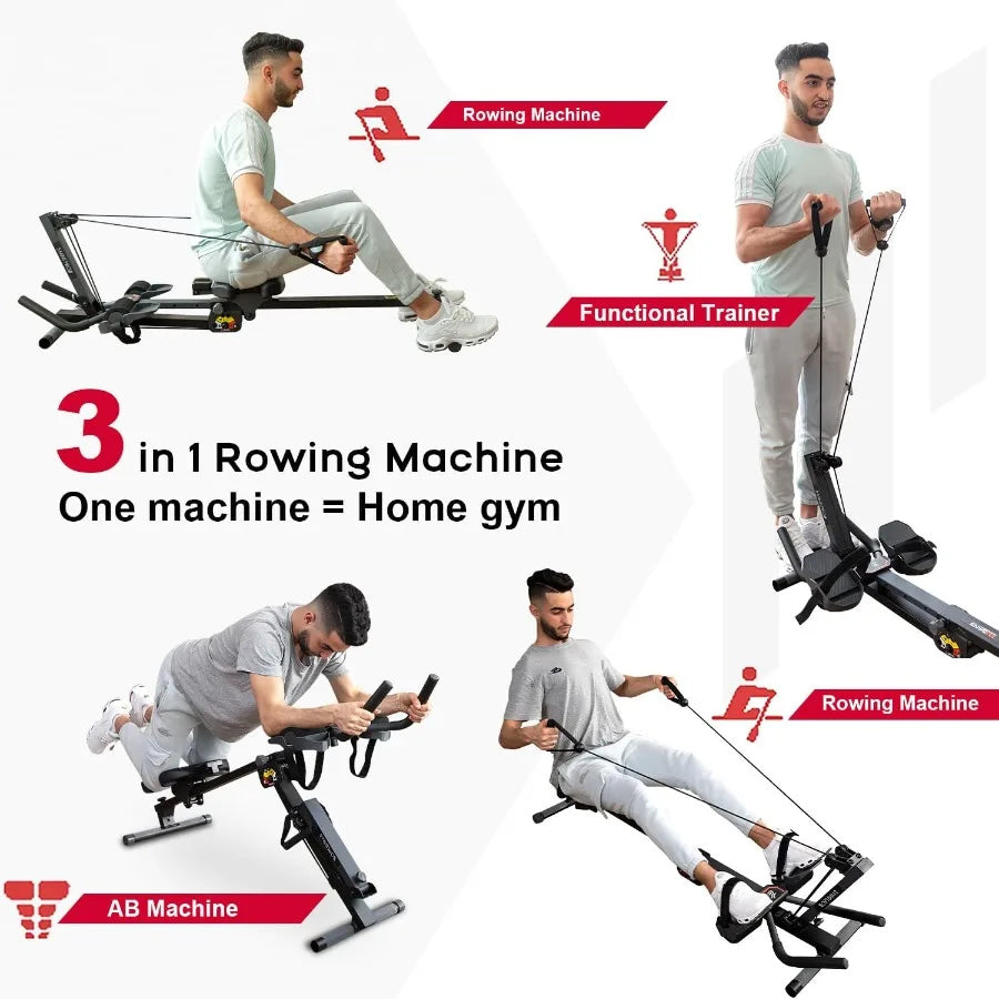 3 in 1 Foldable Rowing Machine, AB Machine with 3 Level Angle & Led Monitor/Multi-Functional Rower Fitness Equipment Home Gym