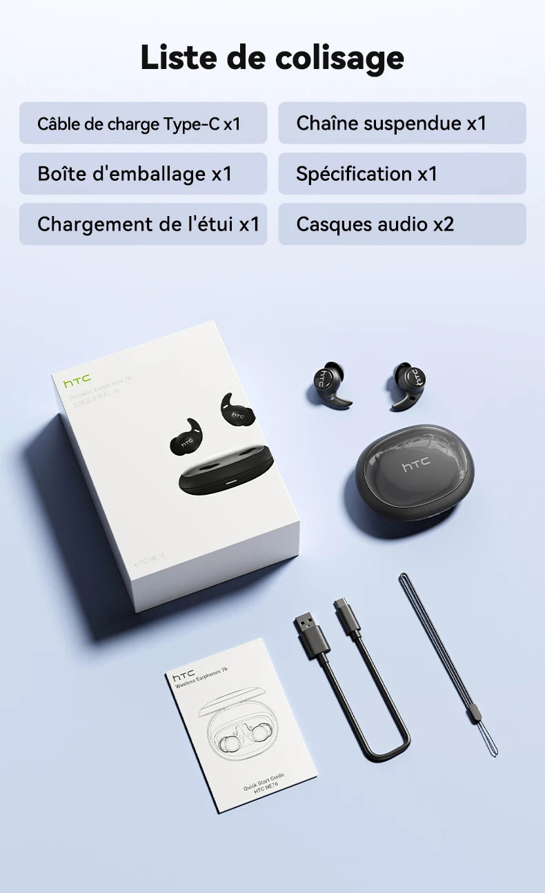 HTC NE76 OWS wireless earbuds with intelligent AI translation/50-hour battery life, low latency for music, the desk, sleep, and sport