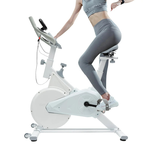Indoor Fitness Bike White Exercise Bike Wool Pad Silent Braking/Adjustable Seat/Handle LCD Display, 80kg Capacity