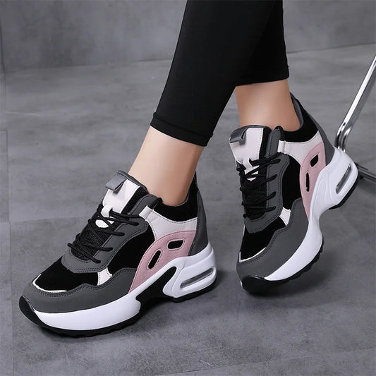 Women Air Cushion Sneakers Mix Color Height Increase Shoes/Outdoor Wedge Platform High Heels Lace-up Walking Shoes