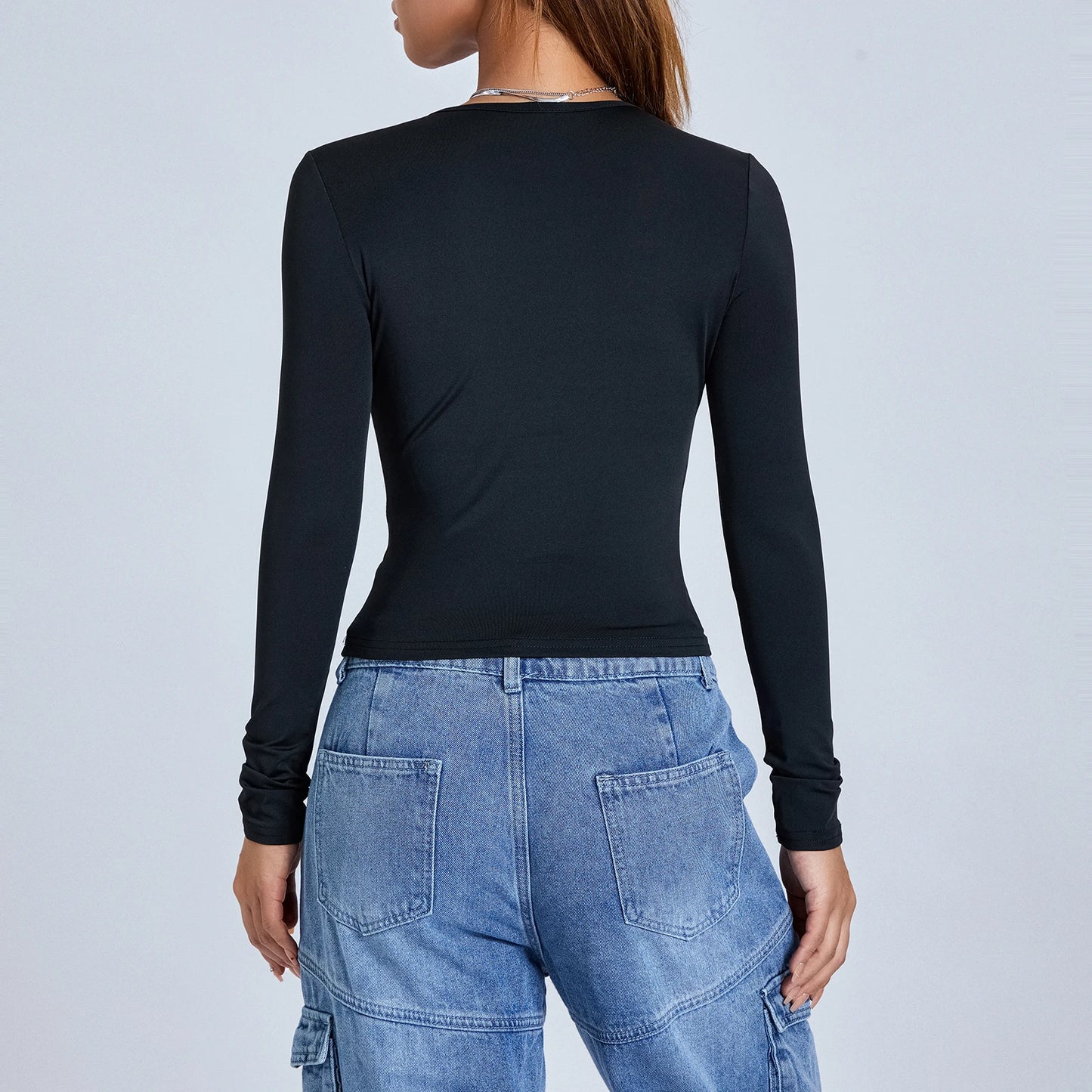 Women´s Autumn Slim Cropped Tops Solid Color/Round-Neck Long Sleeve Show Navel T-Shirt Women's Shirt