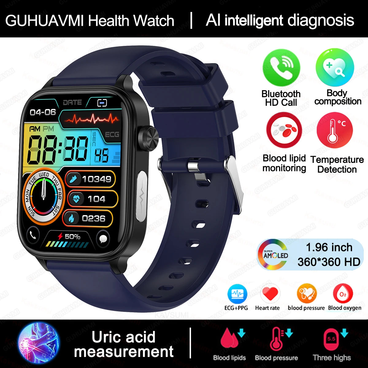 New Al Science Diagnosis Blood Lipids Uric Acid Blood Oxygen/Smart Watch Men ECG+PPG Voice Bluetooth Call Health Smartwatch