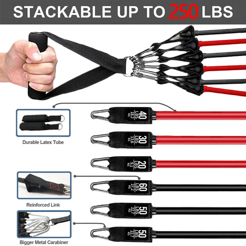 Resistance Bands Set 250lbs Elastic Exercise Bands with Door Anchor Handles/Ankle Straps and Carry Bag Indoor Outdoor Fitness