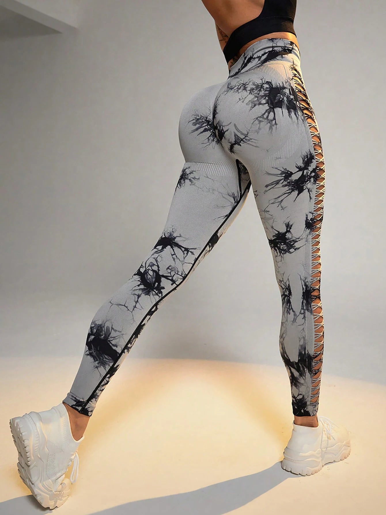 US Local Side cut-out bow tie-dye seamless sports high waist/high stretch peach hip lift yoga Leggings Women's Pants