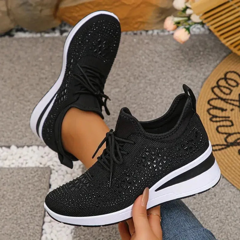 Women's Shiny Rhinestone Wedge Sneakers Breathable Non Slip/Walking Shoes Woman Plus Size Fashion Thick Sole White Sneakers