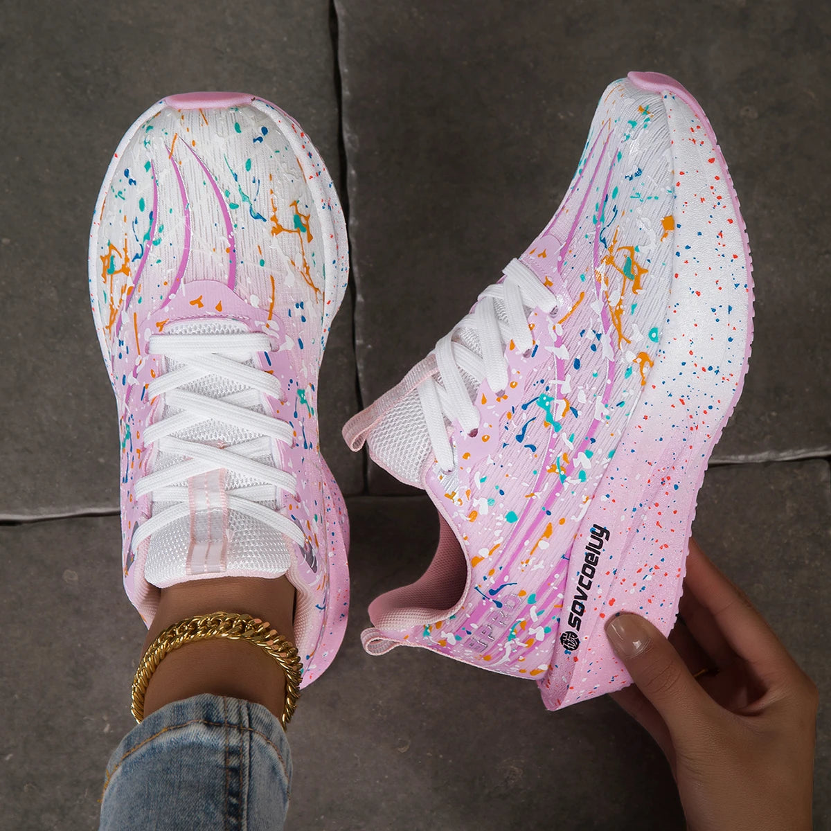 Women Splatter Paint Gradient Running Sneakers Breathable Flying Weave/Mesh Lightweight Shock Absorb Non Slip Fashion Athletic
