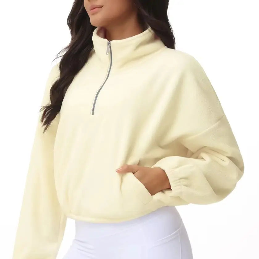 THE GYM PEOPLE Women’s Half Zip Crop Pullover Sweatshirt Fleece/Loose Fit Workout Tops with Pockets Drawstring