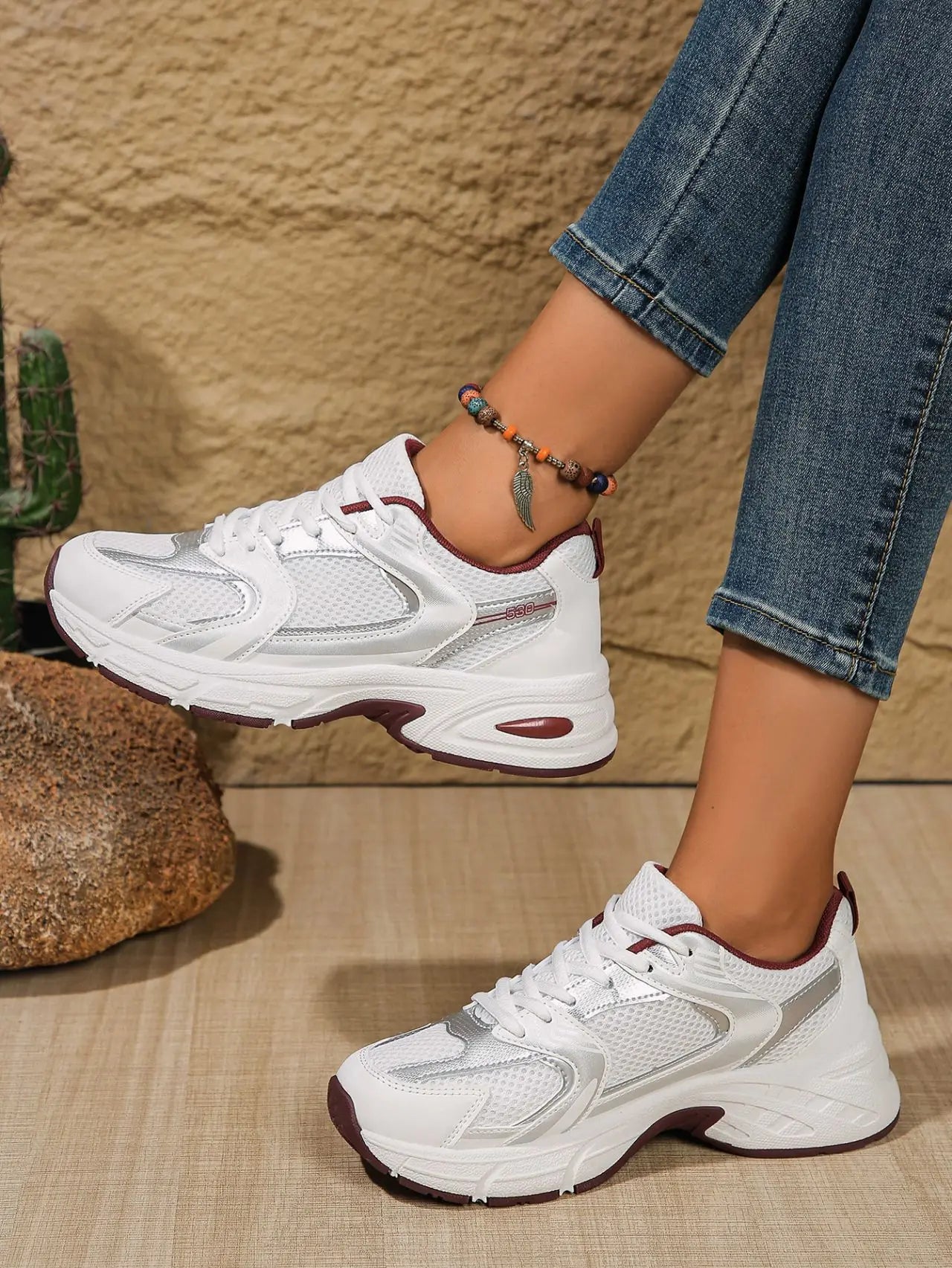 Women's White Retro Shoes Breathable Mesh Platform Sneakers/Chunky Casual Non-slip Walking Shoes Lightweight Lace-up