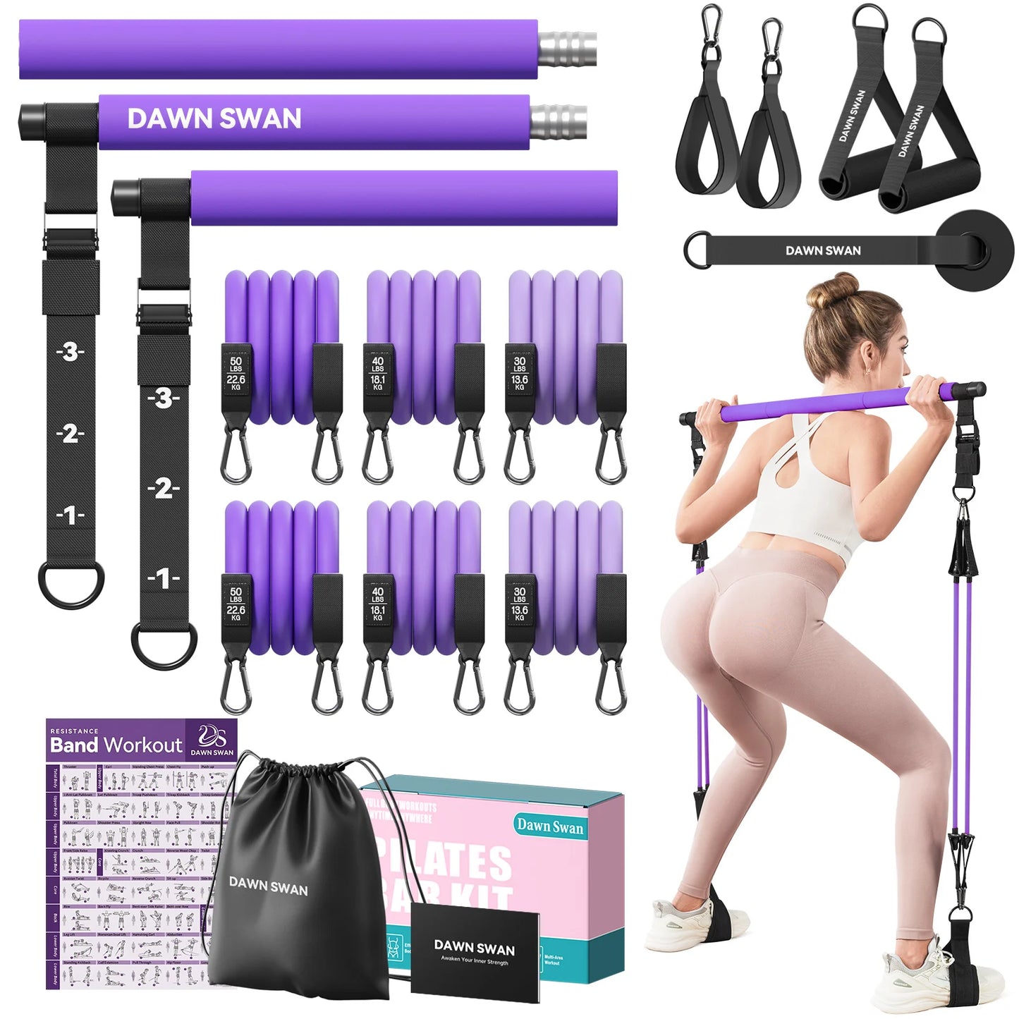 Pilates Bar Kit with Resistance Bands Adjustable Home Gym Workout/Portable Pilates Equipment for Squats Yoga Full Body Training