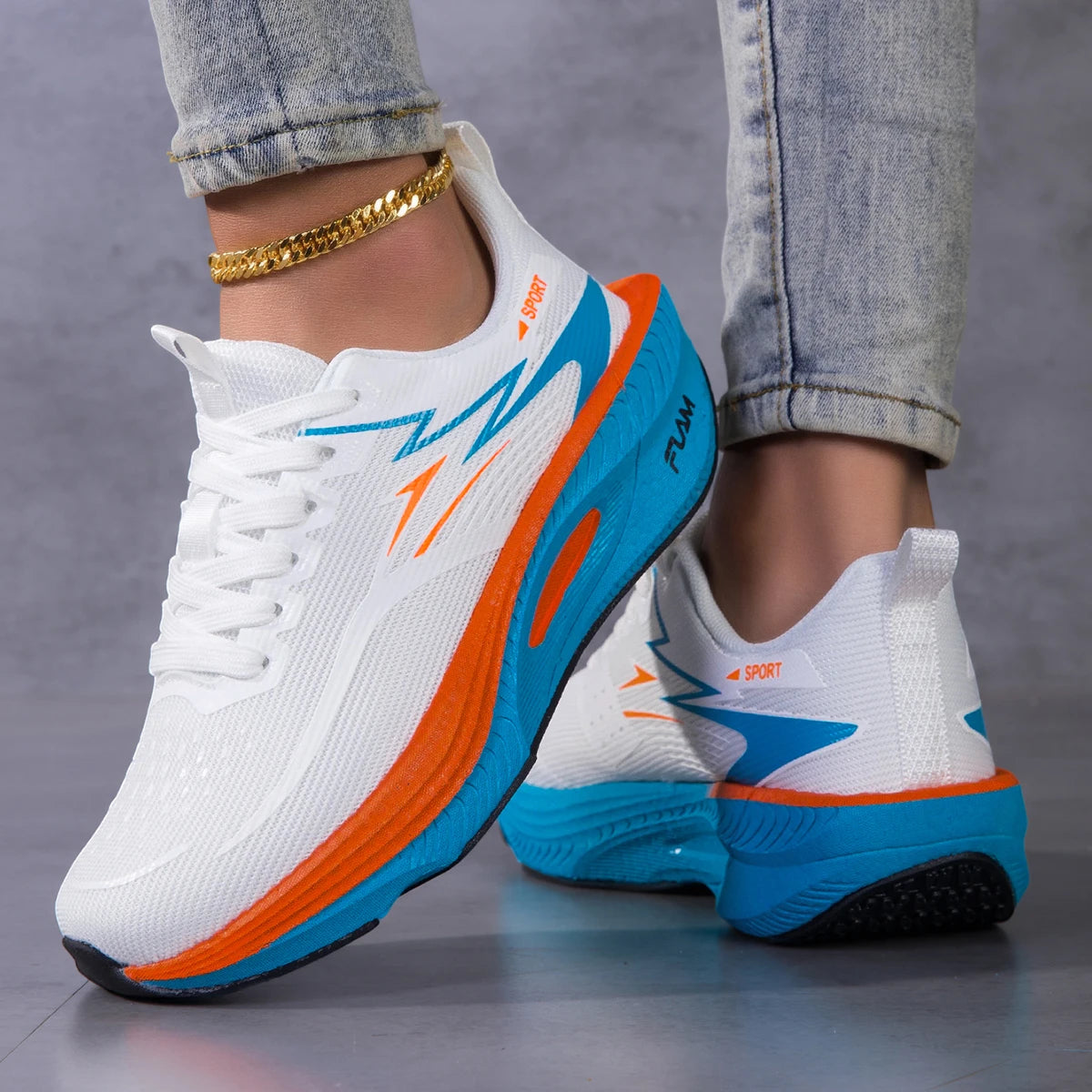 Women Color Block Platform Running Sneakers Breathable Flying Weave Mesh/Lightweight Cushioned Non Slip Lace Up Gym Jogging Shoes
