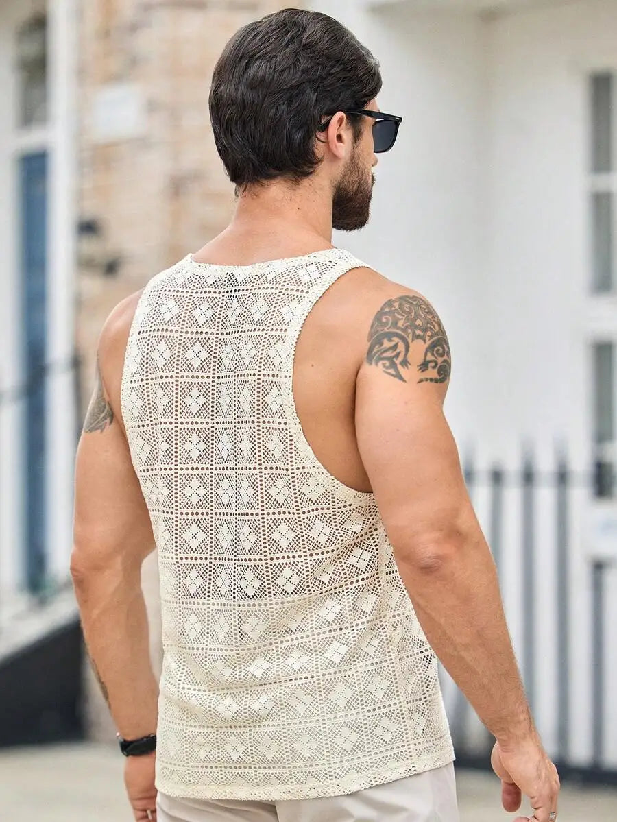 Manfinity Men's Hollow-Out Jacquard Knit Tank Top/Solid Color Round Neck Textured Casual Vest Summer Fashion Mesh