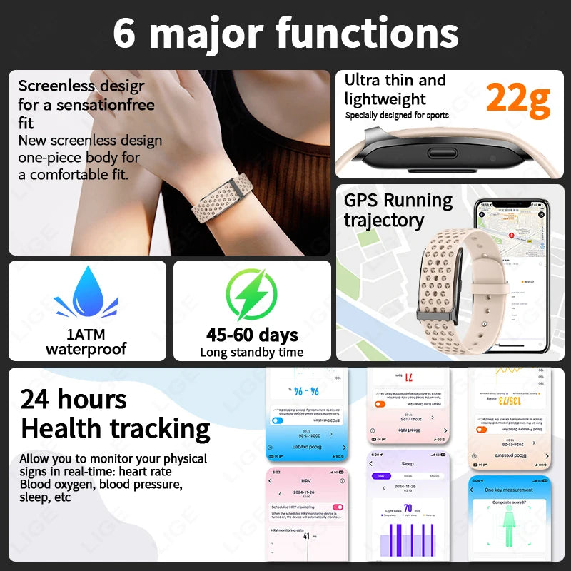 LIGE New No screen Smart Watch 20-day Ultra-long Use Time 24hours Blood Oxygen/Blood Pressure Monitoring Sports Smart Bracelet
