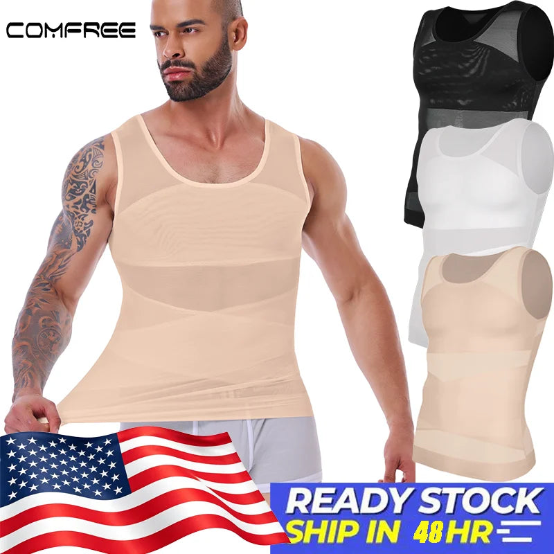 Men's Shapewear Tank Top Gym Sleeveless Vest Cross Mesh Suit/Compression Shirt for Men Slimming Undershirt Tummy Control Body