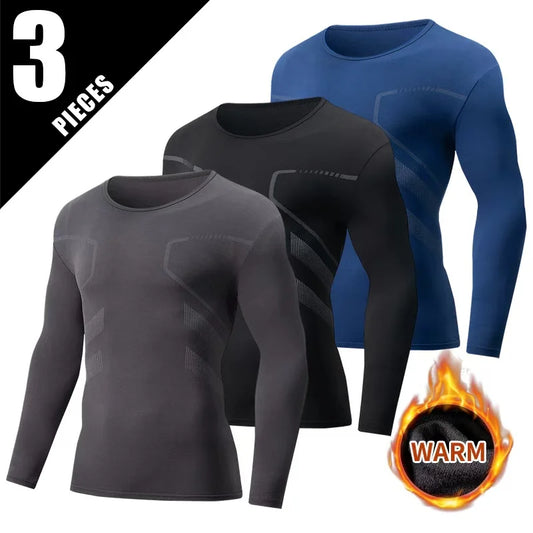 3-piece Autumn/Winter Men's Fashionable Printed Sports Warm Long Sleeved T-shirt/Plus Size Fitness Running Casual Versatile Top