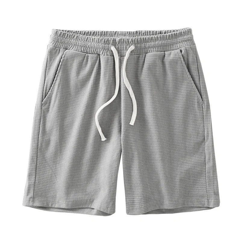 Men Shorts Solid Color Mid Waist Summer Motion Waffle Texture/Deep Crotch Drawstring Male Shorts Loose Knee Length Casual Short