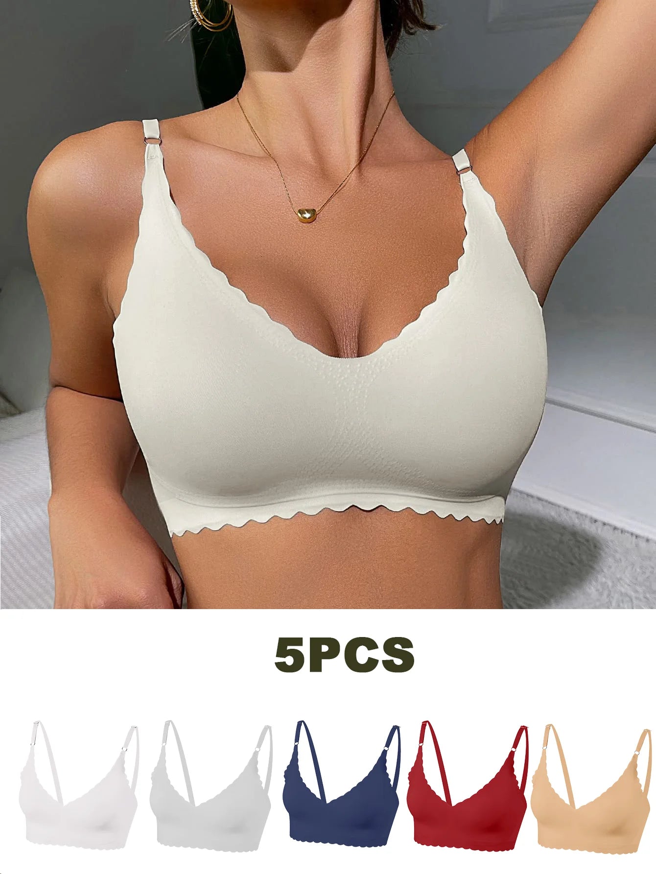 5pcs Floral Wavy Backless Push-Up Bra Deep V U-Shape Adjustable Straps Seamless Wireless Padded Lift Comfy Smoothing