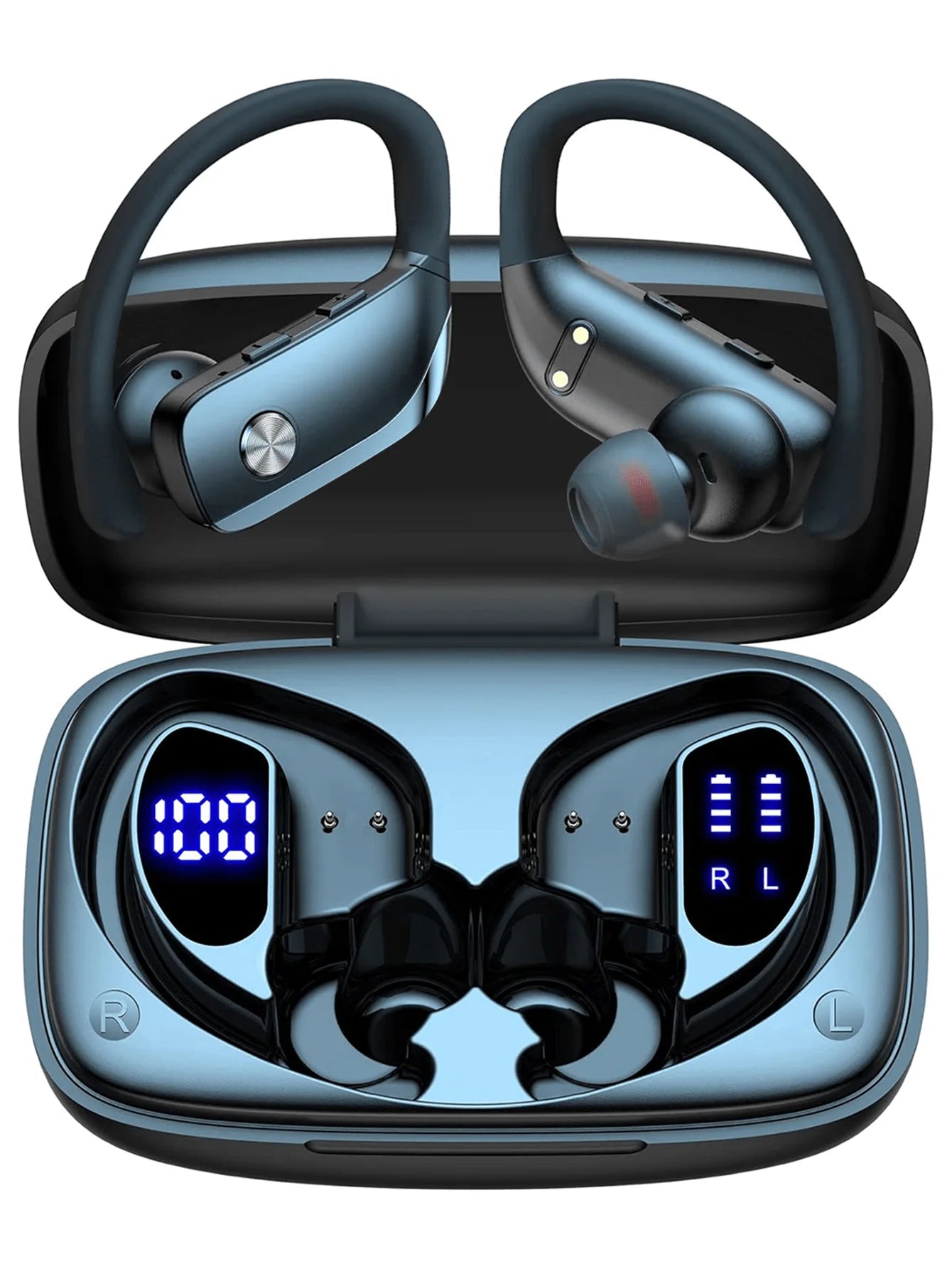 T16 Bluetooth 5.0 Ear-Hook Sports Earphones, IPX5 Waterproof ABS Earbuds/Wireless Charging Case, Dual LED Display, 48H Playtime
