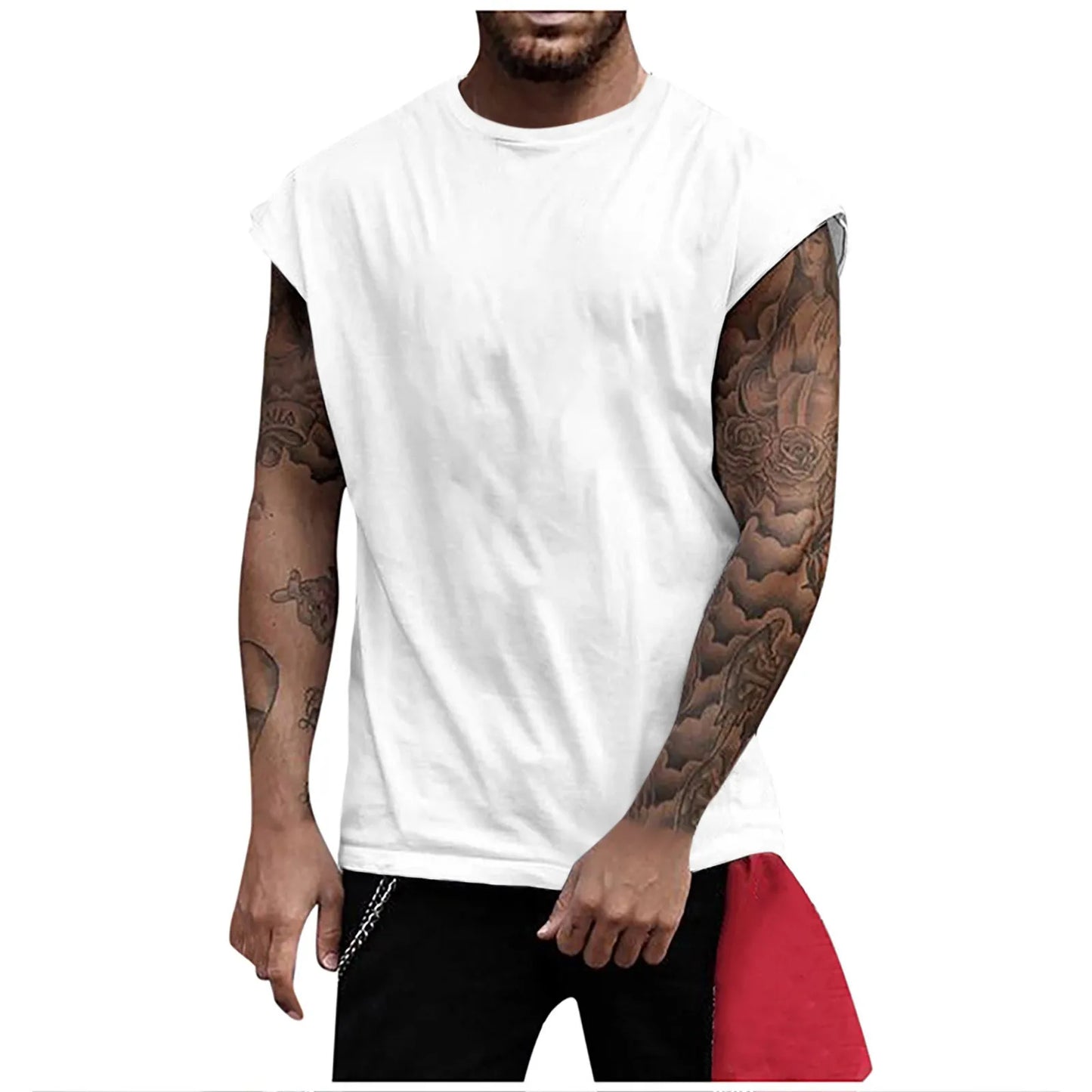 Summer Men's Solid Color Printed Sweat-Absorbing Breathable/Shoulder Expanding Sleeveless Vest Man Sleeveless Shirt