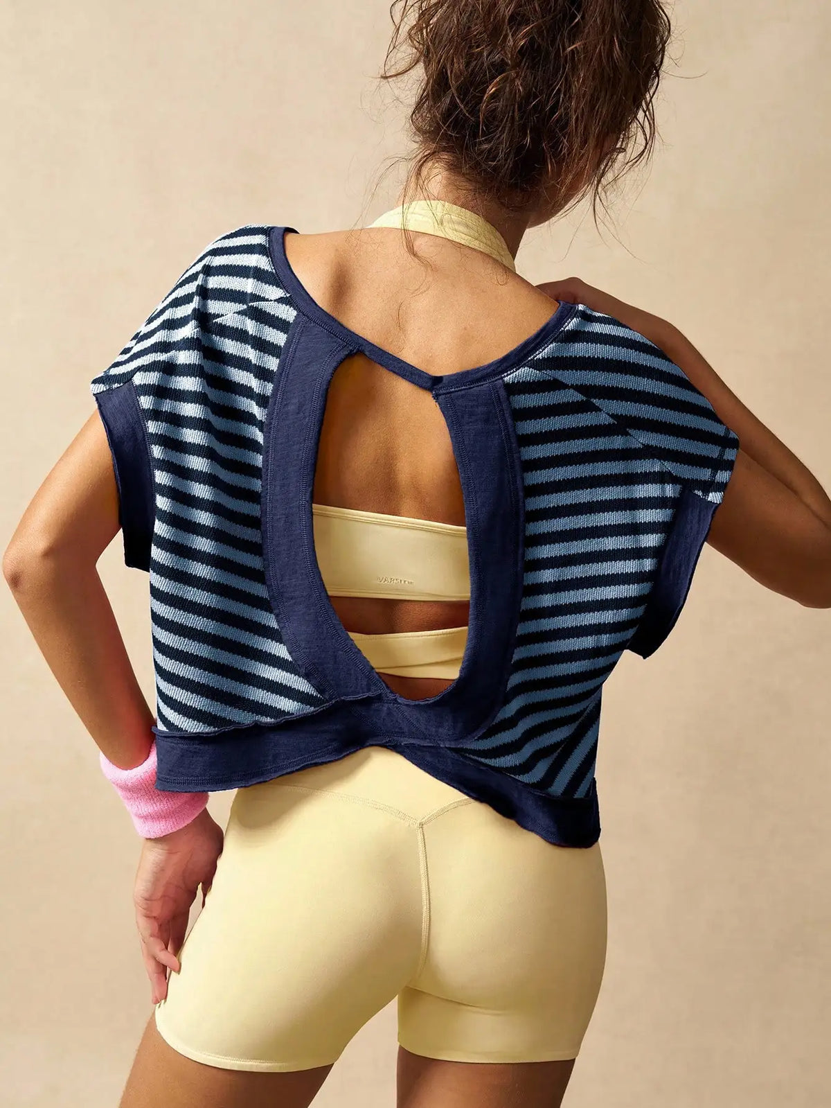 Women Striped Open Back Workout/Top Gym Crop Top Summer Active Wear Shirts