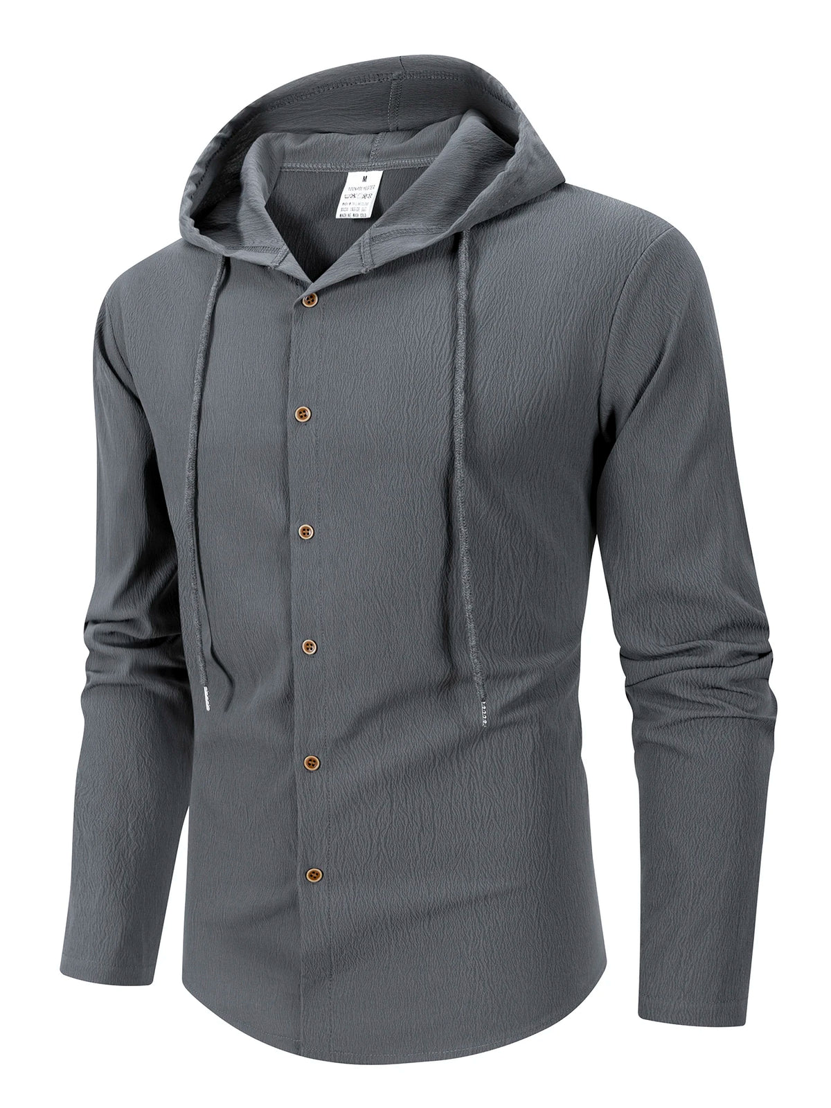 Men Hooded Button Down Shirt With Wrinkle Textured Long Sleeve Hoodie/Jacket Drawstring Hood Casual Loose Open Front Shacket