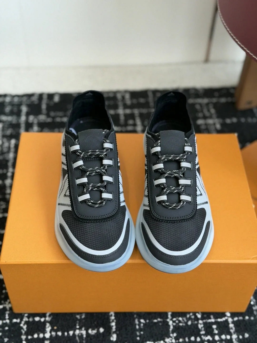 Two‑Tone Breathable Mesh Leather Athletic Sneakers/Geometric Stripe Print Braided Rope Laces Frosted Clear Thick Shoe
