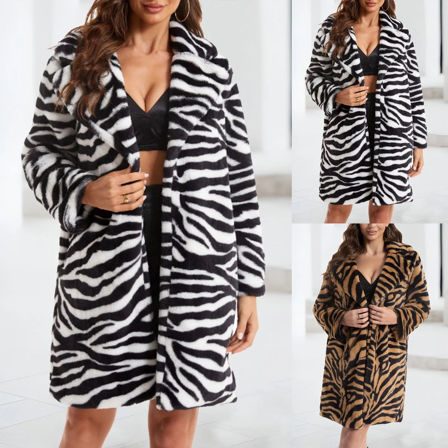 Zebra-Stripe Lapel Coat Casual/Women's Winter Jacket Thicken Warm Fleece Jacket