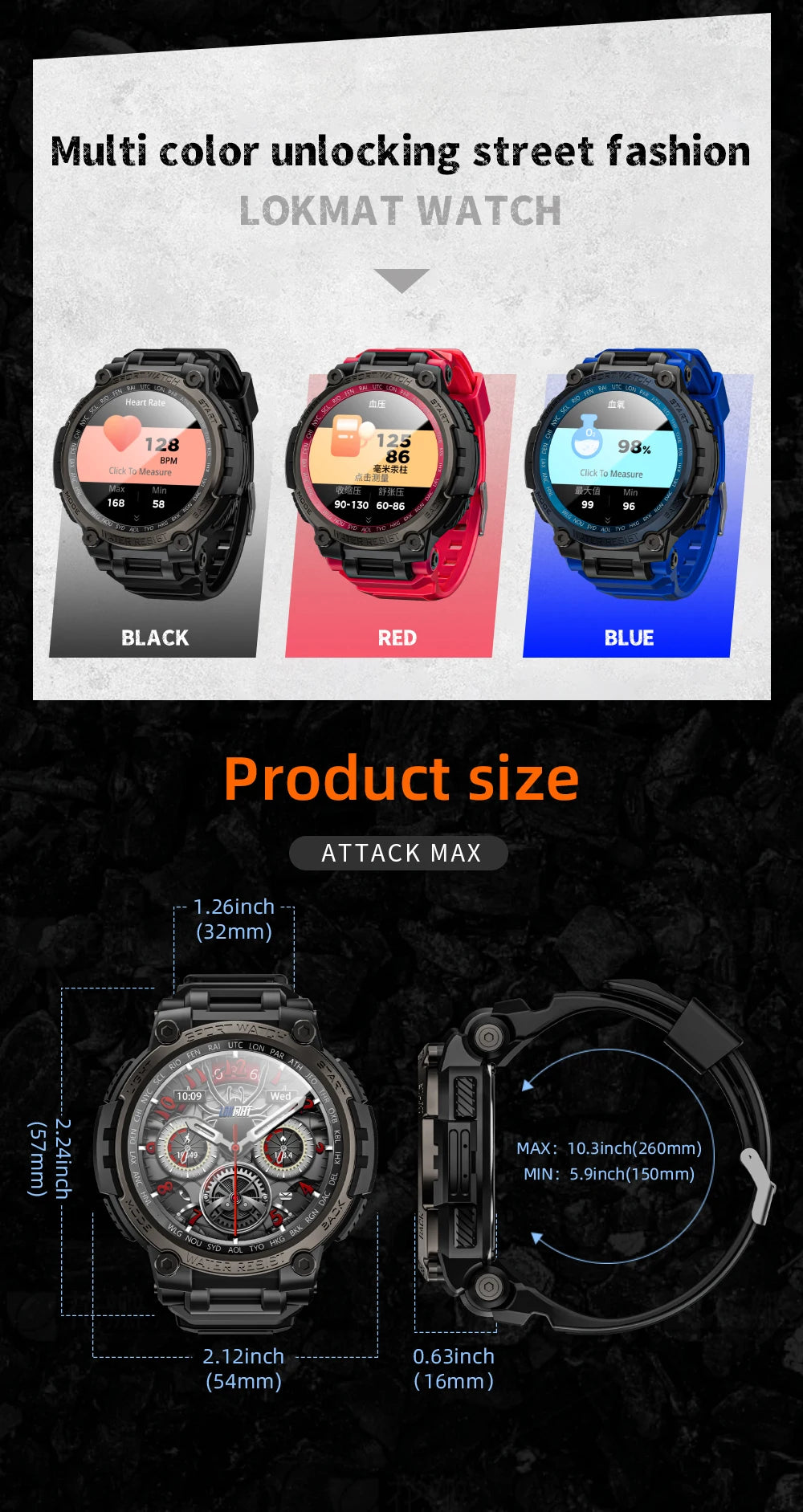 LOKMAT New ATTACK MAX Sport Rugged Smart Watch BT Calls Waterproof/Military Smartwatches Heart Rate Monitor Fitness Tracker