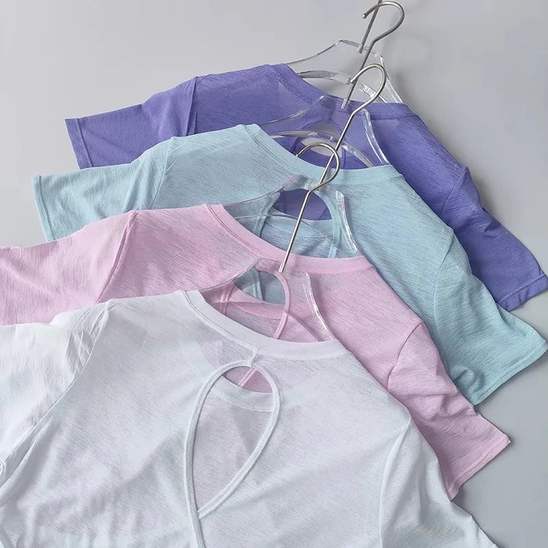 Women's Tight Sports T-shirt Quick Dry Short Sleeve Yoga T-shirt/Pilates Fitting Fitness Back Hollow Out Running crop top women
