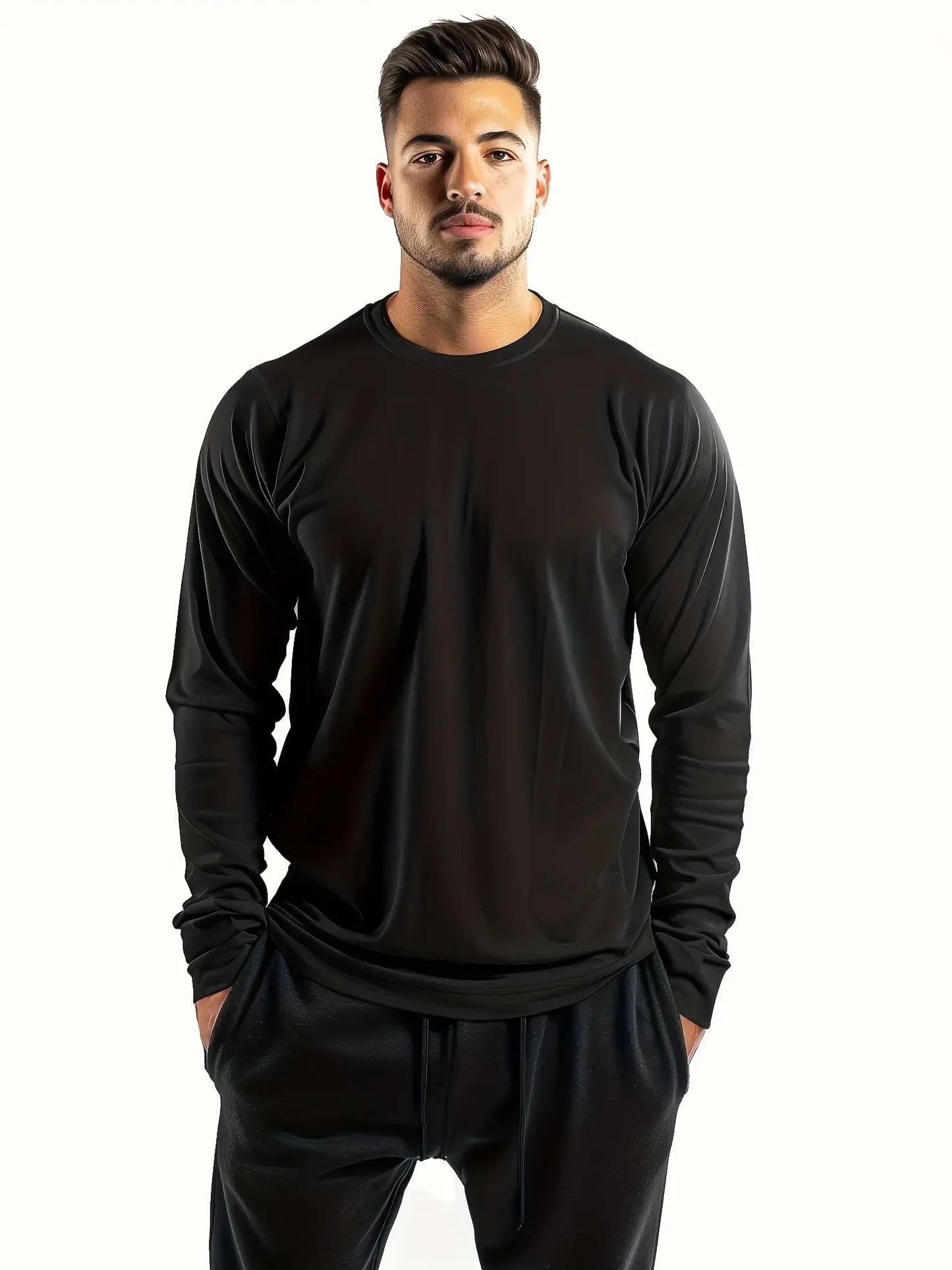 5-piece men's solid color round neck long sleeved/T-shirt, versatile design comfortable and fashionable