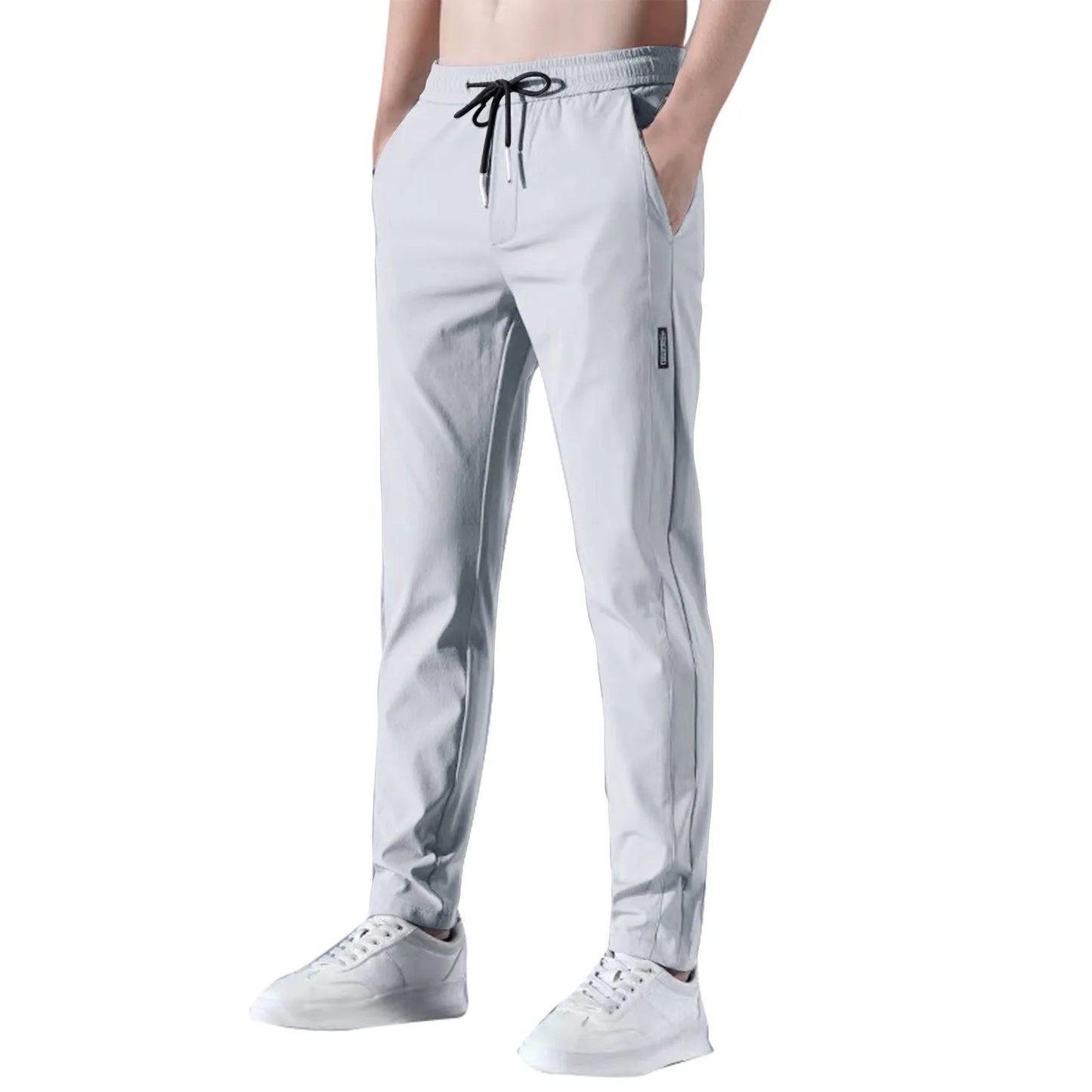 Men Fast Dry Stretch Pants Ice Silk Trousers Solid Color Mid-Waist/Loose Breathable Straight-Leg Casual Pants Thin Sports Pants