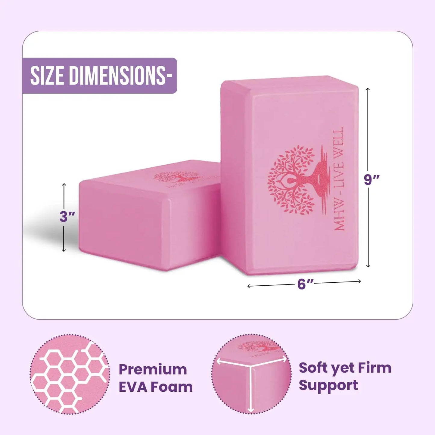 High Density EVA Foam Yoga Block Non-Slip Pilates Block/for Alignment & Balance 9x6x3 Inches Pink Foam