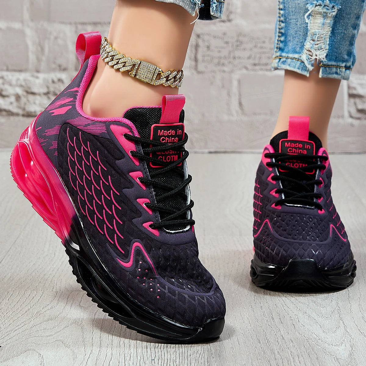 Women Gradient Scale Pattern Air Cushion Sneakers Breathable/Flying Weave Mesh Shock Absorb Non Slip Lace Up Running Shoes