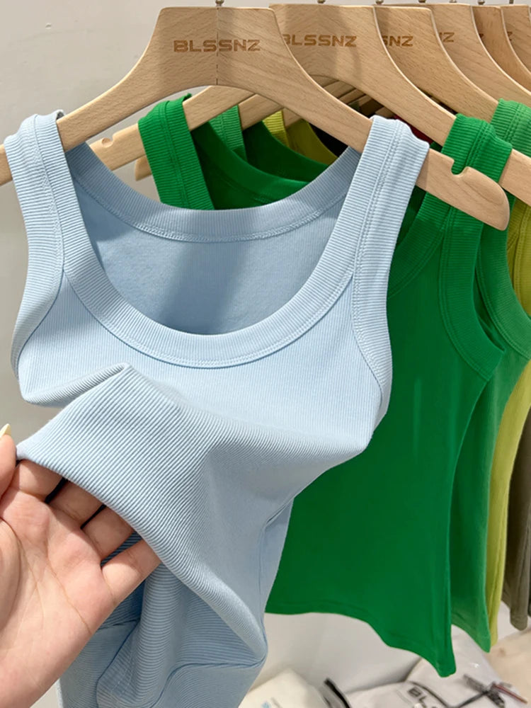 zjaiss Women Solid Round Neck Ribbed Tank Top Camisole Women/Summer Basic Elastic Tank Top O Neck Solid Tank Top