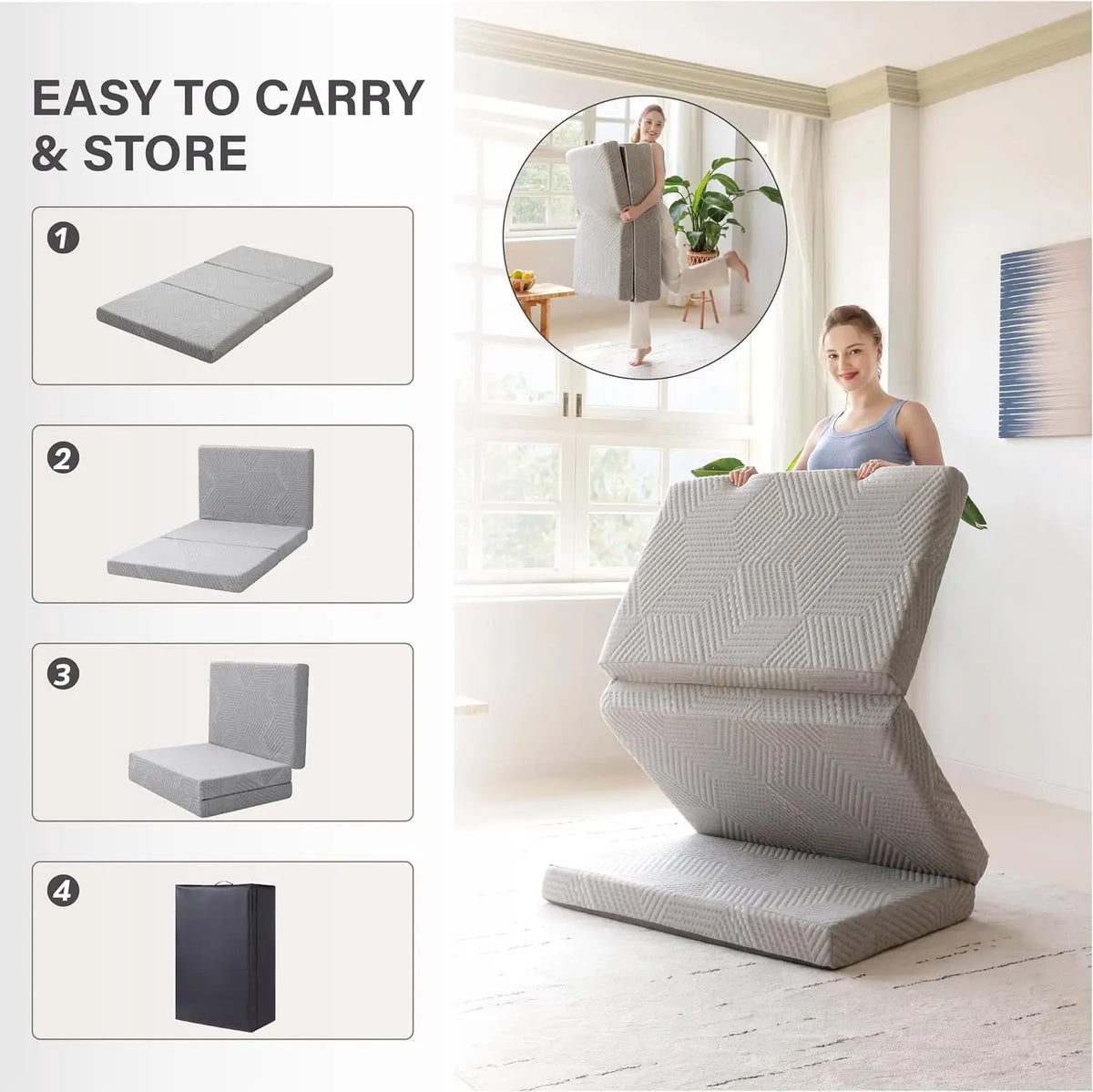 Single-Size Tri-Fold Mattress with 4-Inch/Foldable Gel Memory Foam Construction