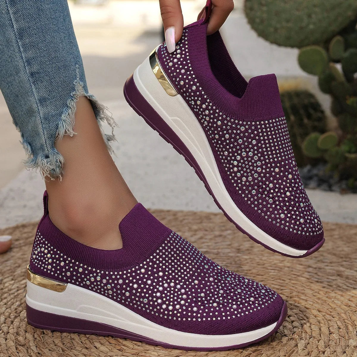 Orange Rhinestone Casual Sneakers Breathable Wedge Women/Lightweight Shoes Slip On New Comfortable Spring Mesh Sports Shoes