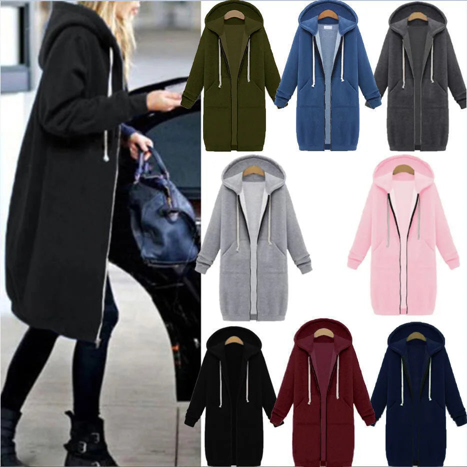 Autumn and Winter Women's Clothing American Hooded/Long-sleeved Medium and Long Sweater Fleece Jacket