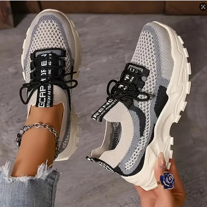 Ladies Breathable Mesh Patchwork Chunky Sneakers/Lace Up Height Increasing Platform Walking Shoes Non Slip Shoes