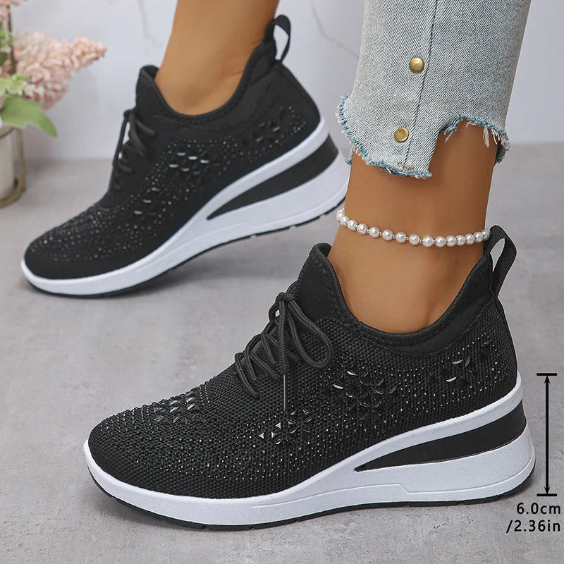 Women's Shiny Rhinestone Wedge Sneakers Breathable Non Slip/Walking Shoes Woman Plus Size Fashion Thick Sole White Sneakers