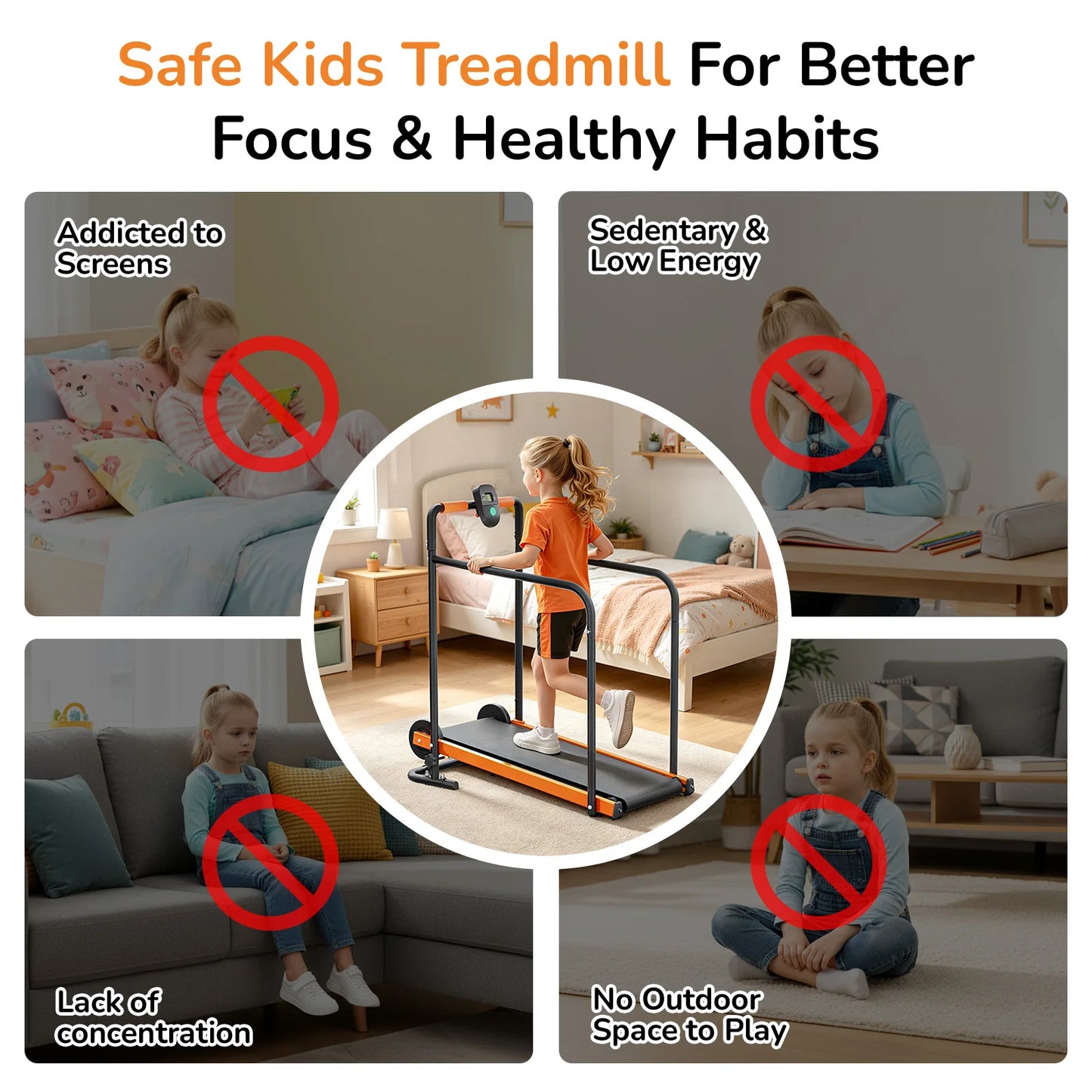 AKLUER Kids Walking Pad Treadmill Non-Electric Indoor Exercise Equipment for Boys & Girls Self-Propelled Fitness Toy with Front Padded Railing