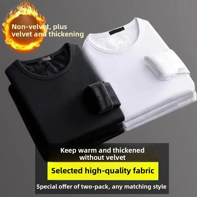 Men's Long Sleeve Thermal Underwear Fleece Lined Thick T-Shirt/round Neck Slim Fit Base Shirt Pure Color Inner Wear Autumn Top