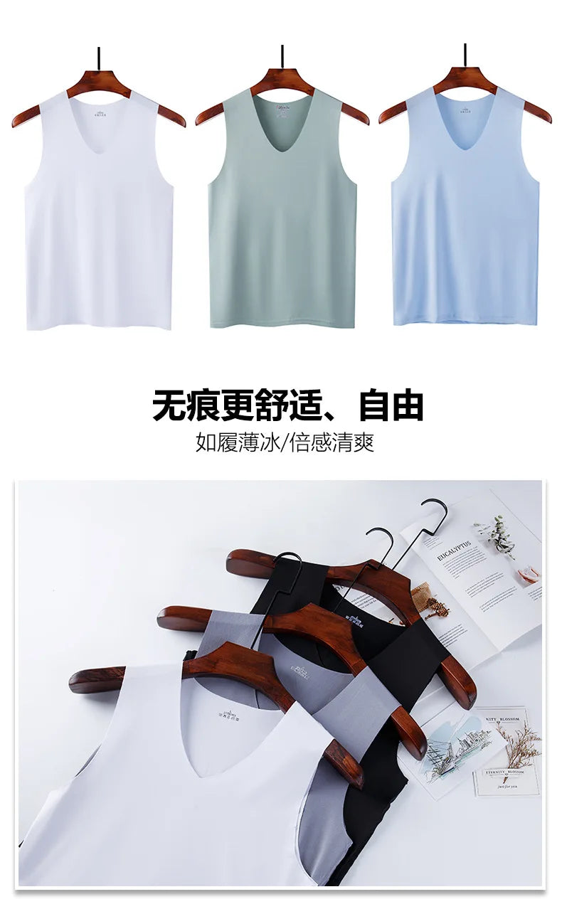 Undershirts Men's Underwear Summer Vest Men Traceless Ice Silk/Tank Top Slim Fit Sports Fitness Sleeveless Breathable Singlet